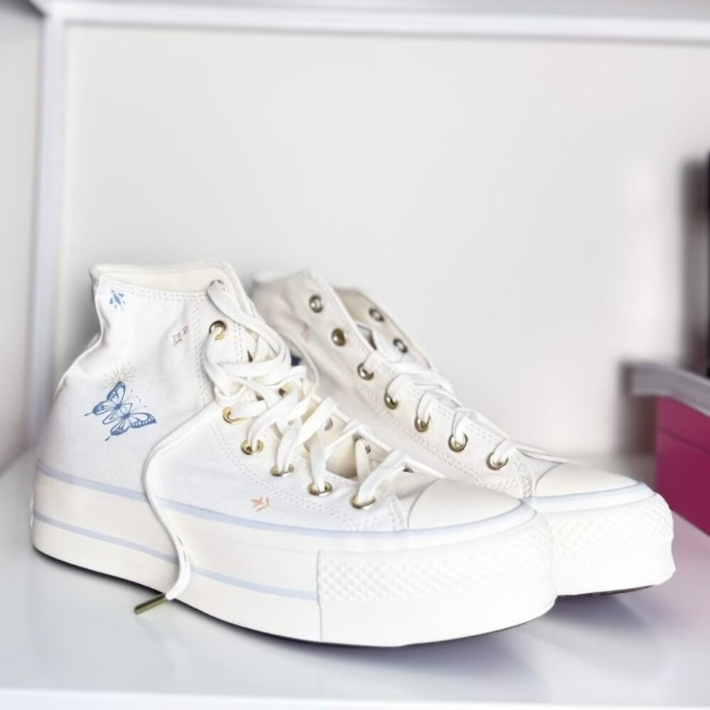 Converse Chuck Taylor White High Top Platform Shoes With Butterfly Tattoo